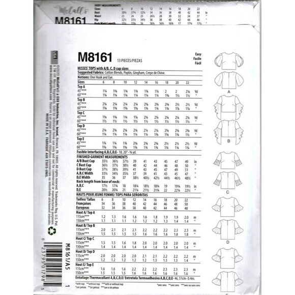 McCall's M8161 Misses 14 to 22 Tops With Sleeve Variations Sewing Pattern New - Picture 2 of 2